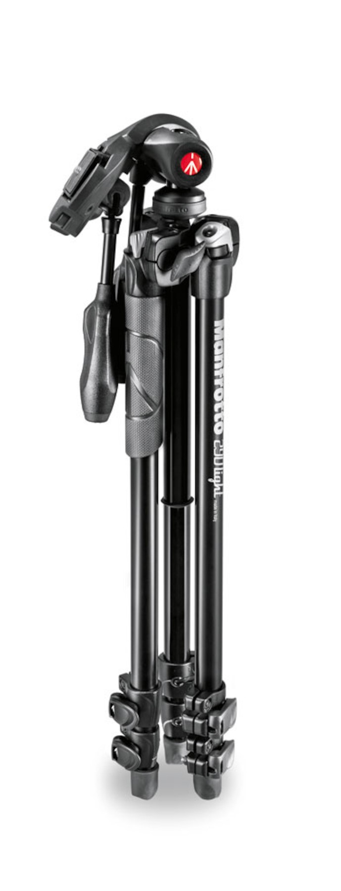 Black camera tripod with legs folded, on a white background, studio shot.