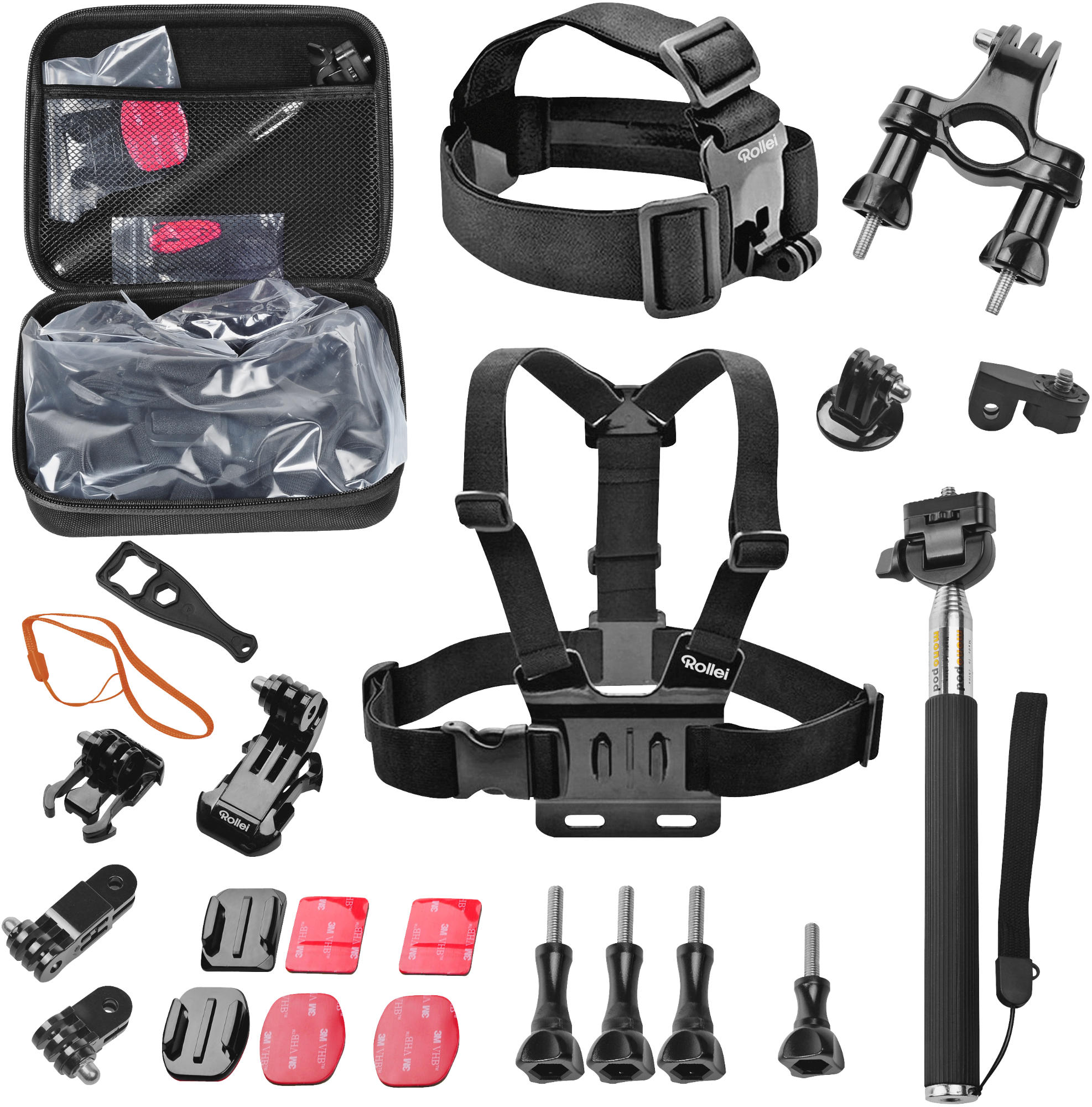 Accessoireset voor actiecamera. Inclusief borst- en hoofdbanden, hoes, houders en andere accessoires.