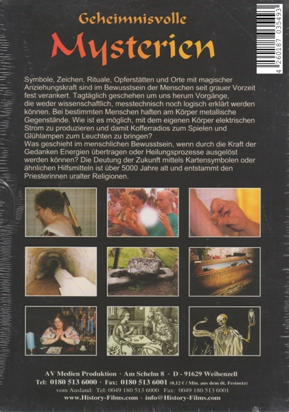 DVD-Cover: Geheimnisvolle Mysterien, mit Bildern von Menschen und Symbolen. Deutscher Text und Bilder.