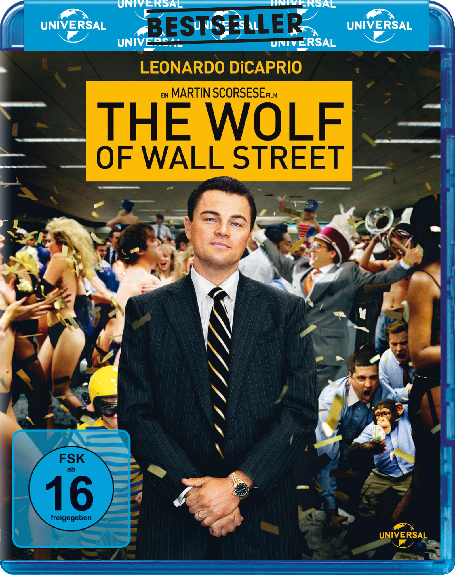Filmcover: Leonardo DiCaprio im Anzug. Text: The Wolf of Wall Street. Andere Personen im Hintergrund.