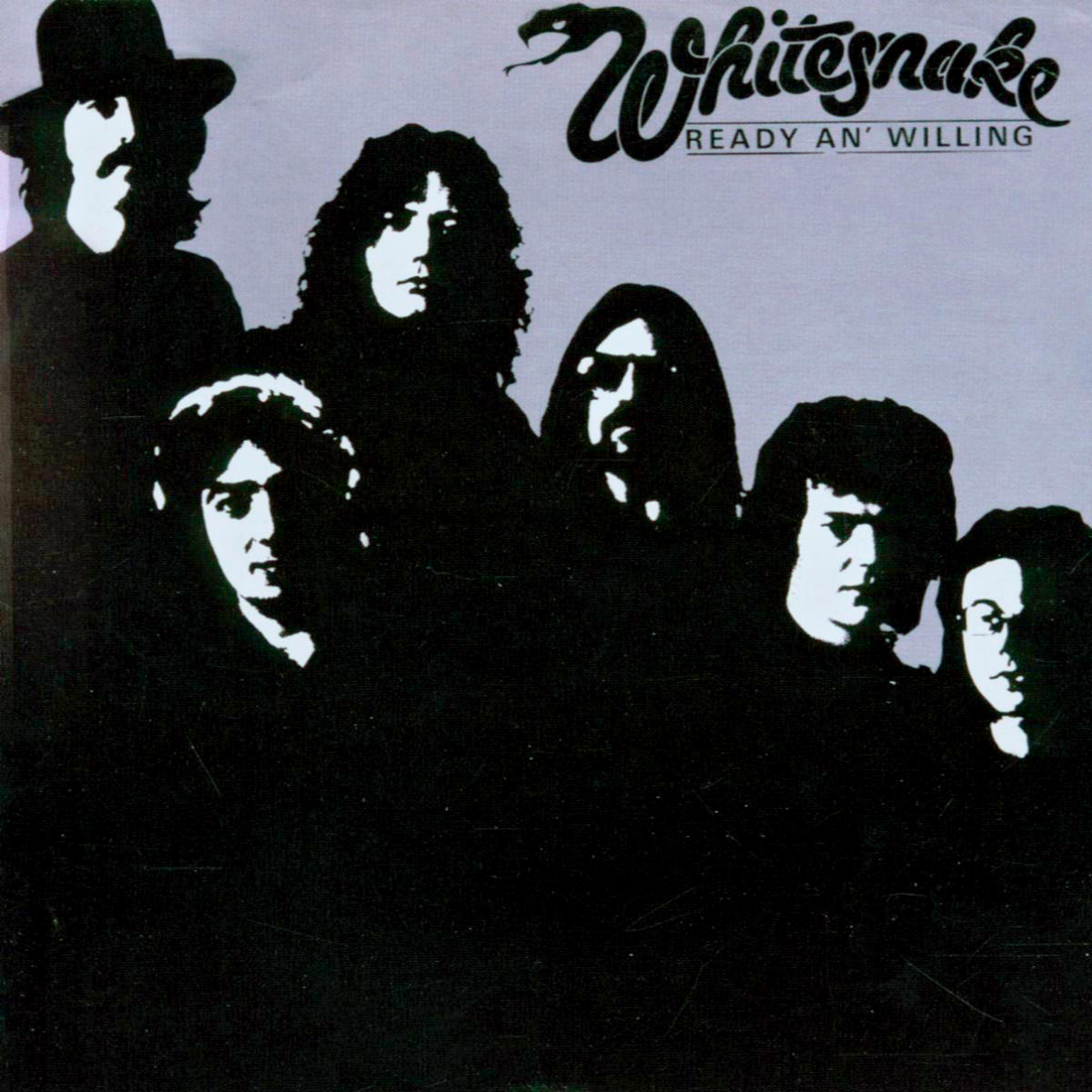 Whitesnake-Albumcover: Gruppe von Leuten in dunklen Schatten und das Bandlogo in Weiß.