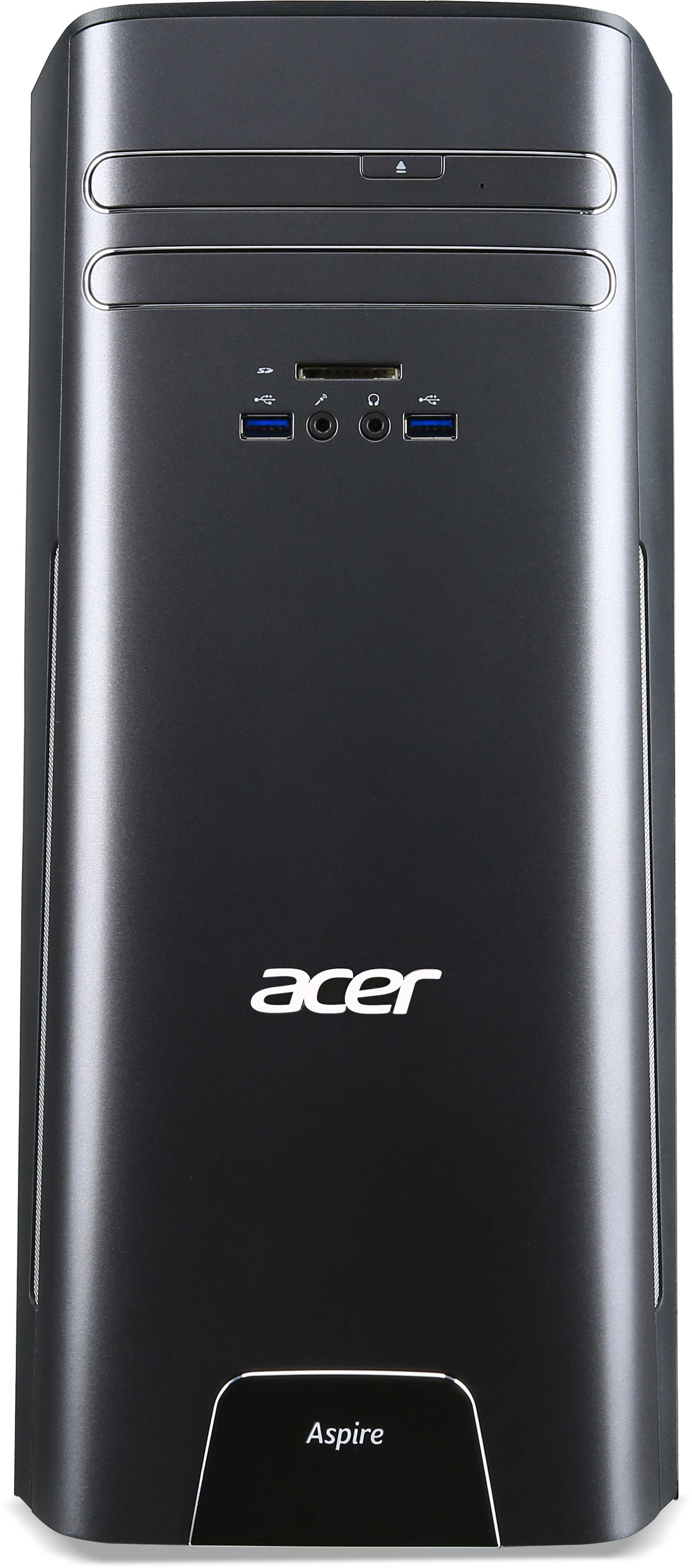 Ein schwarzer Desktop-Computer-Tower mit USB-Anschlüssen und dem Acer-Logo.