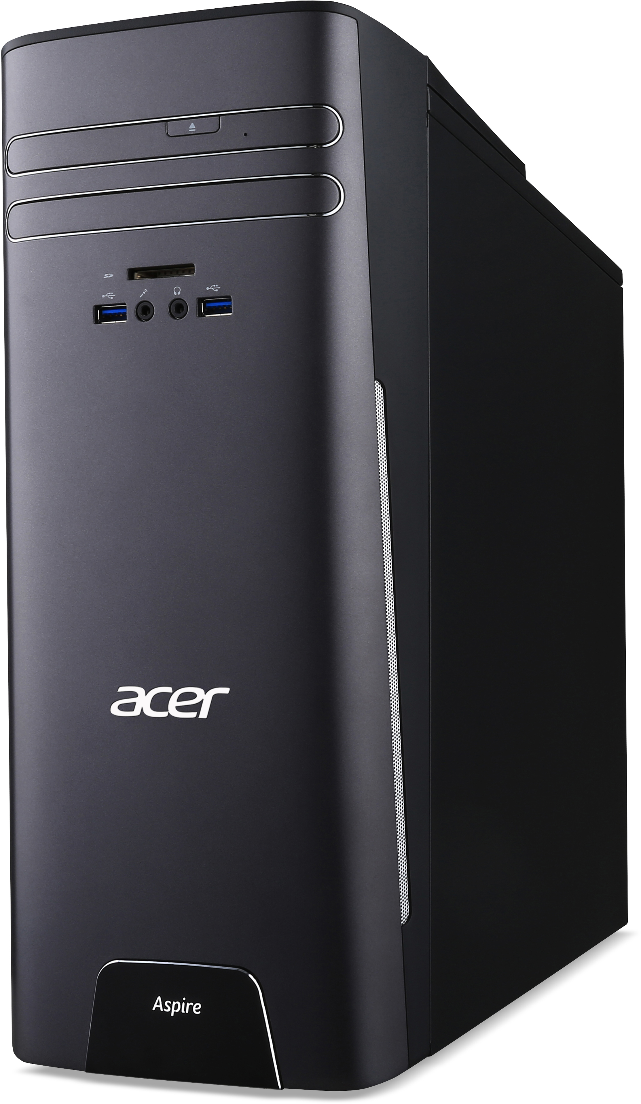 Dunkelgraues Acer-Computergehäuse mit Logo. Hat eine Frontblende mit USB-Anschlüssen und einem Power-Knopf.