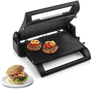 Gril électrique noir et argent. Deux hamburgers avec garnitures sur le gril et un hamburger dans une assiette.