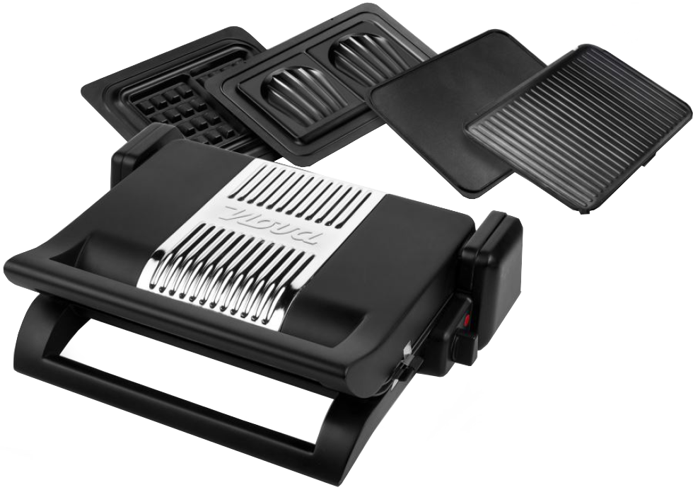 Gril électrique noir avec plaques interchangeables, dont des accessoires pour gaufres, grill et surface plane.