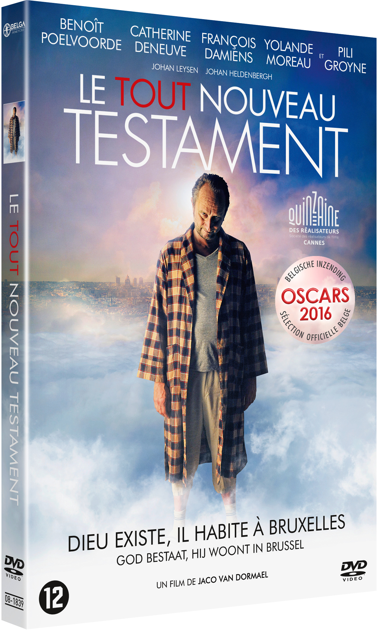 Couverture de DVD avec un homme en robe devant une ville, avec le titre 'Le Tout Nouveau Testament'.