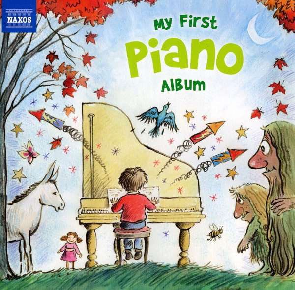 Album borító: Egy fiú zongorázik, egy szamárral, egy lánnyal és két szörnnyel. Szöveg: My First Piano Album.