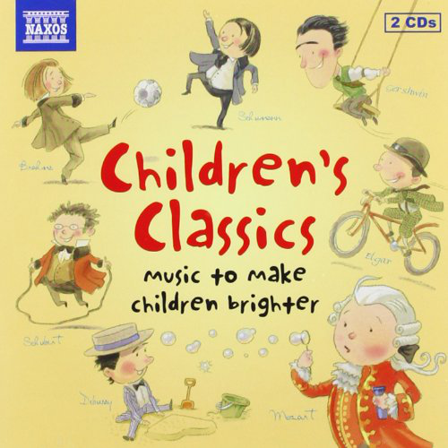 CD-borító, rajzolt illusztrációkkal gyerekekről és hangszerekről. A cím: 'Children's Classics'.