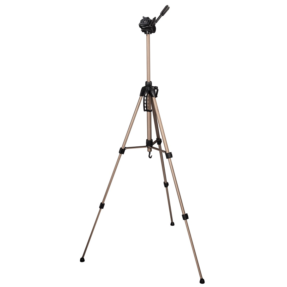 Un treppiede beige con regolazioni nere e un supporto per fotocamera, su sfondo bianco.