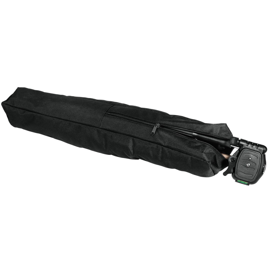 Una borsa per treppiede nera, aperta con la zip, che rivela un treppiede all'interno.