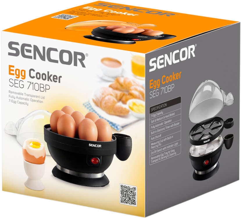Doboz a Sencor tojásfőzőhöz. Tojások és főtt tojások vannak elöl. Szöveg: Egg Cooker SEG 710BP.
