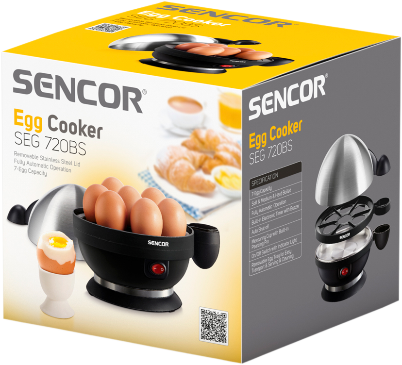 Termékkép egy tojásfőzőről és tojásokról. Szöveg: SENCOR Egg Cooker.