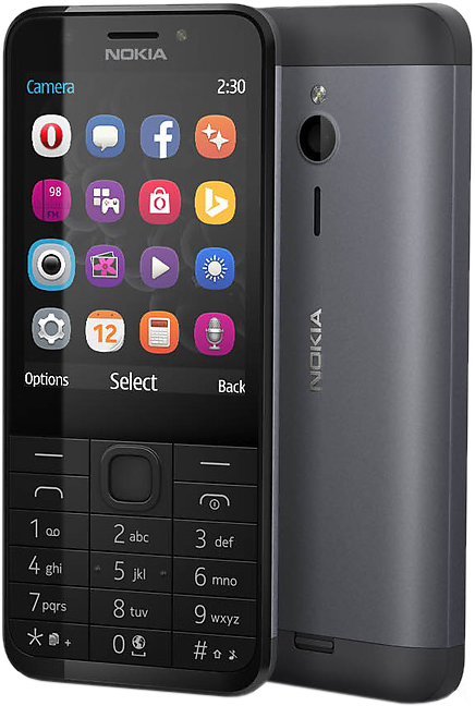 Egy Nokia telefon fekete billentyűzettel, ikonokat megjelenítő képernyővel, szürke hátlappal és oldallal.