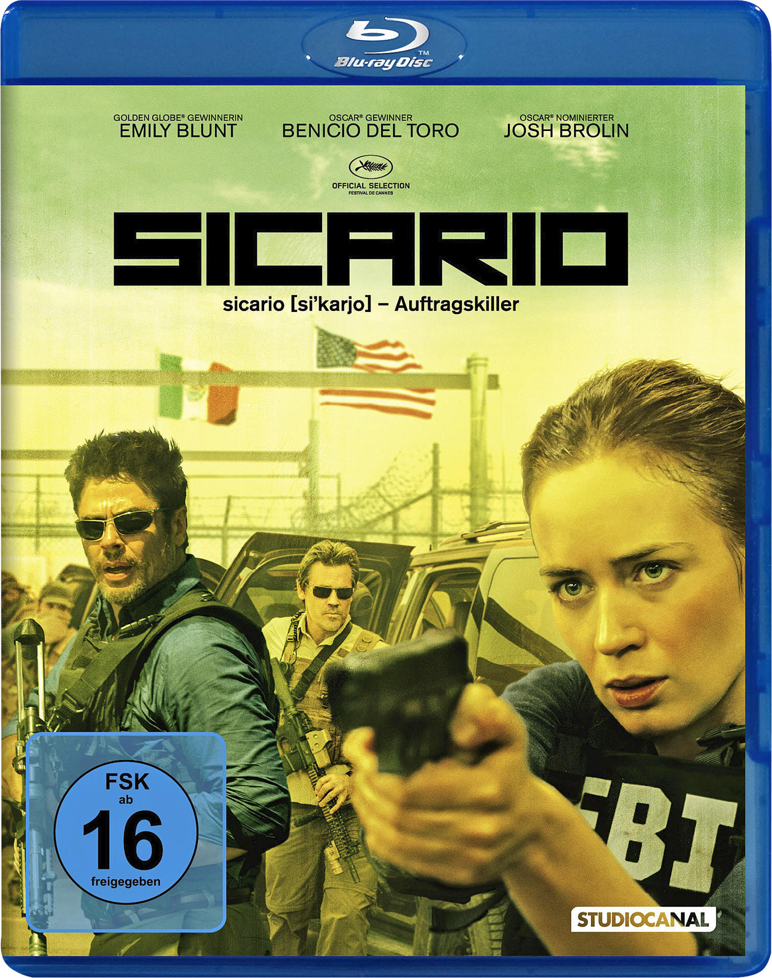 Blu-ray-Cover mit Emily Blunt, die eine Waffe hält. Benicio Del Toro und Josh Brolin sind ebenfalls zu sehen.