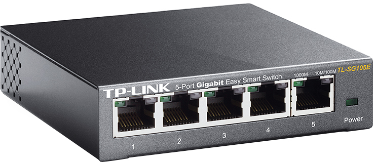 Black TP-Link 5-port switch with ports labeled 1-5, and a power indicator.