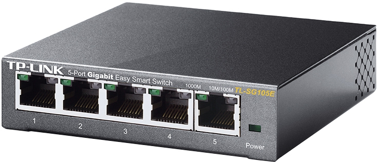 Black network device with Ethernet ports. It has a power light.