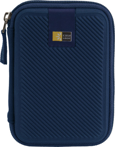 Blue Case Logic hard drive case with a zipper.