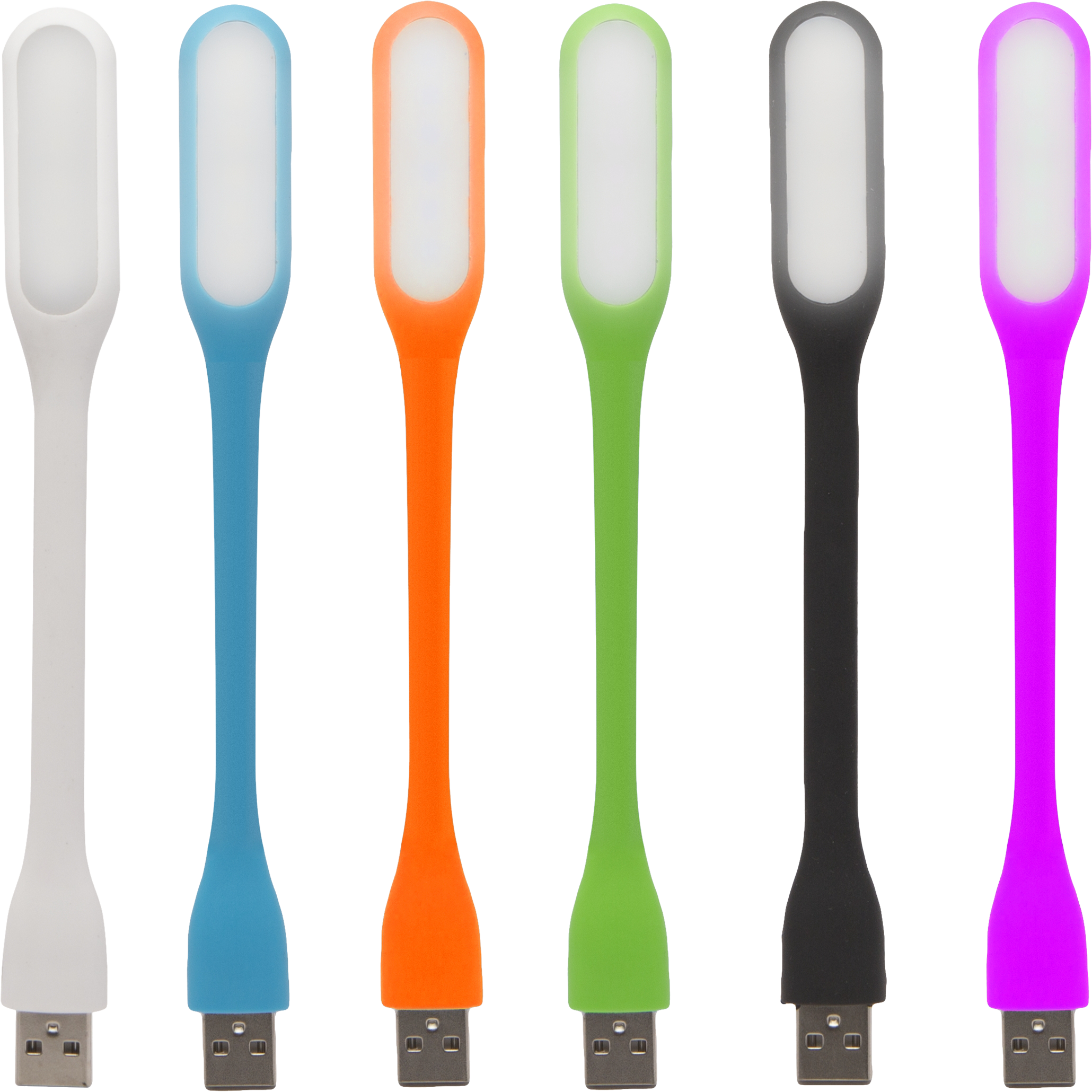Hat USB LED lámpa különböző színekben. Fehér, kék, narancs, zöld, fekete és lila. Fekete háttér.