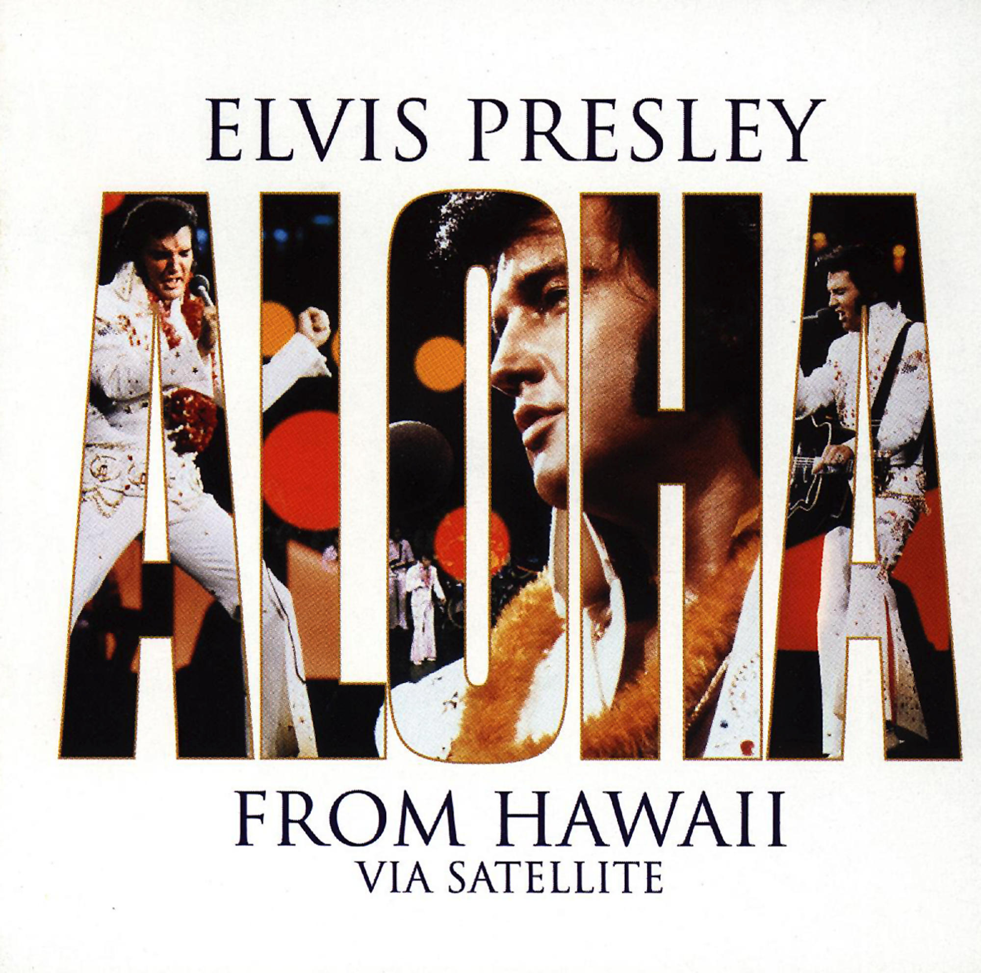 Elvis Presley Albumcover mit Bildern von ihm, dem Wort ALOHA und den Worten FROM HAWAII.