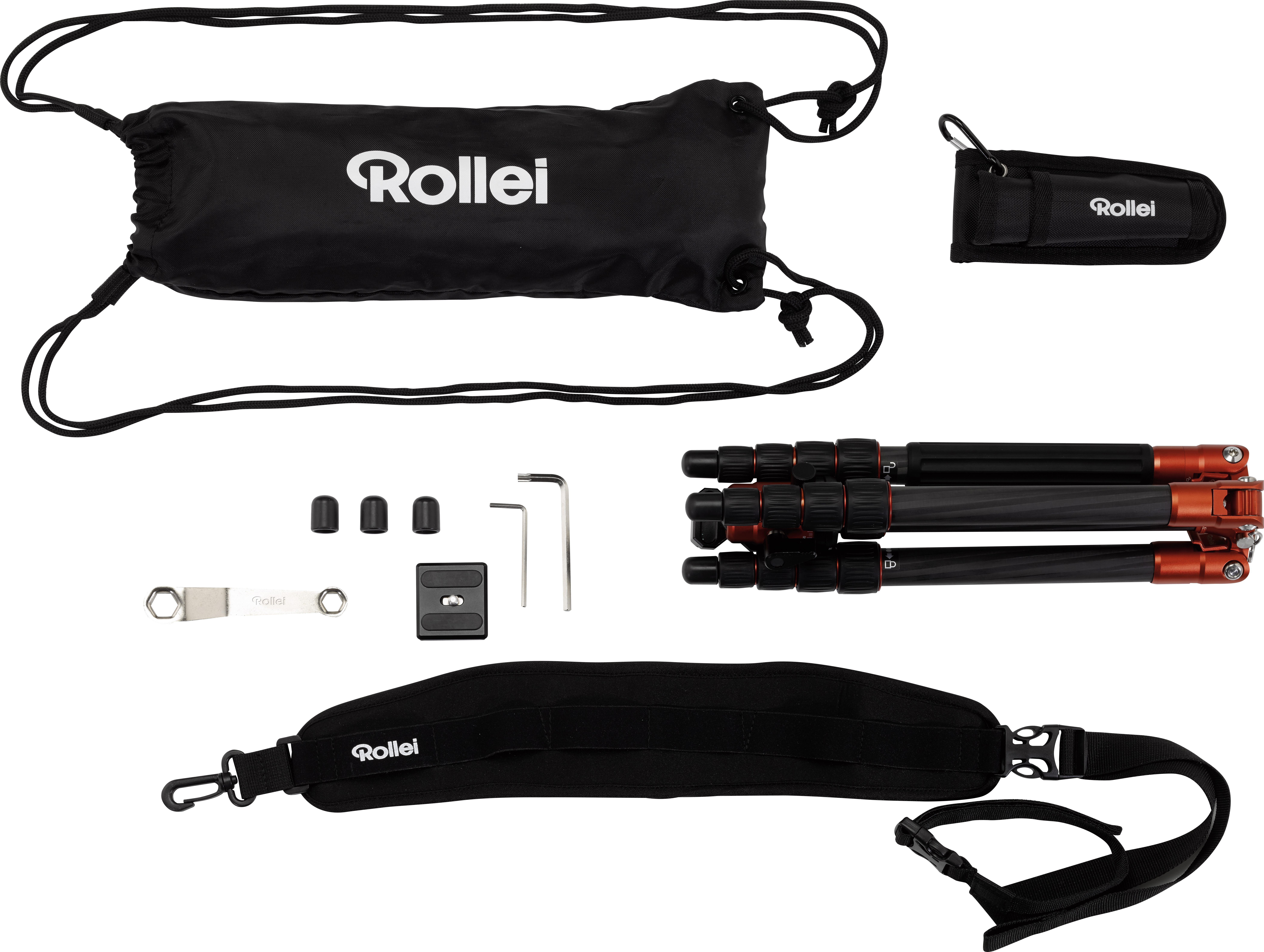 Accessoires photo Rollei : sac, sangle, trépied et autres petites pièces sont disposés sur une surface blanche.