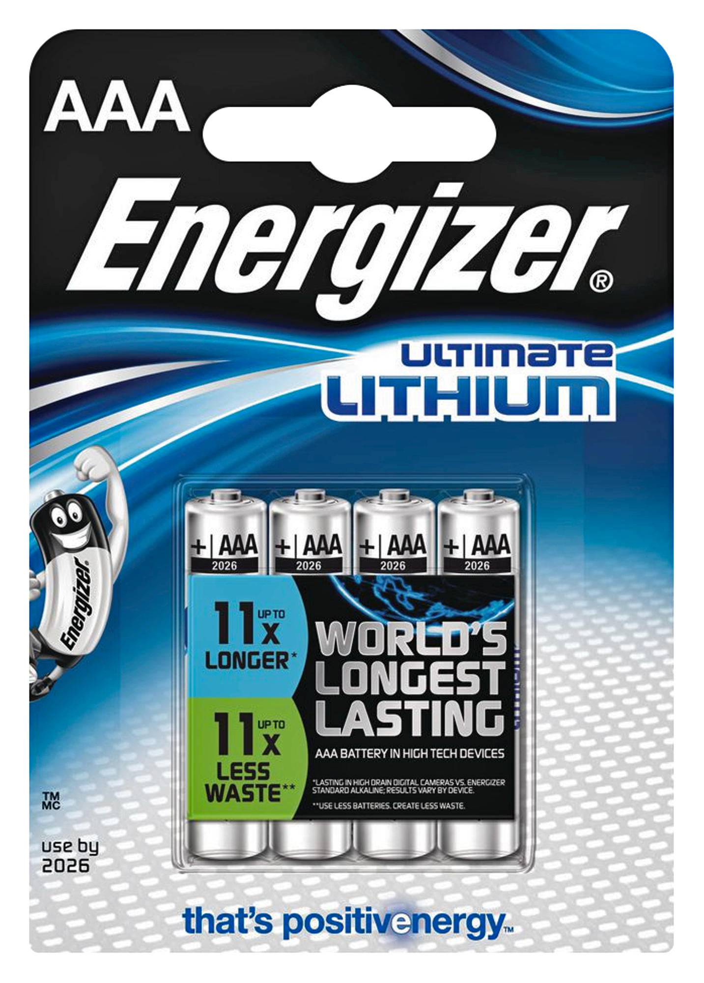 Confezione di batterie AAA Energizer con quattro batterie. Presenta il logo del coniglietto Energizer.