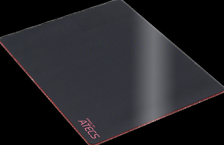 Tappetino per mouse nero con bordo rosso. Testo Speedlink ATECS. Sfondo scuro.
