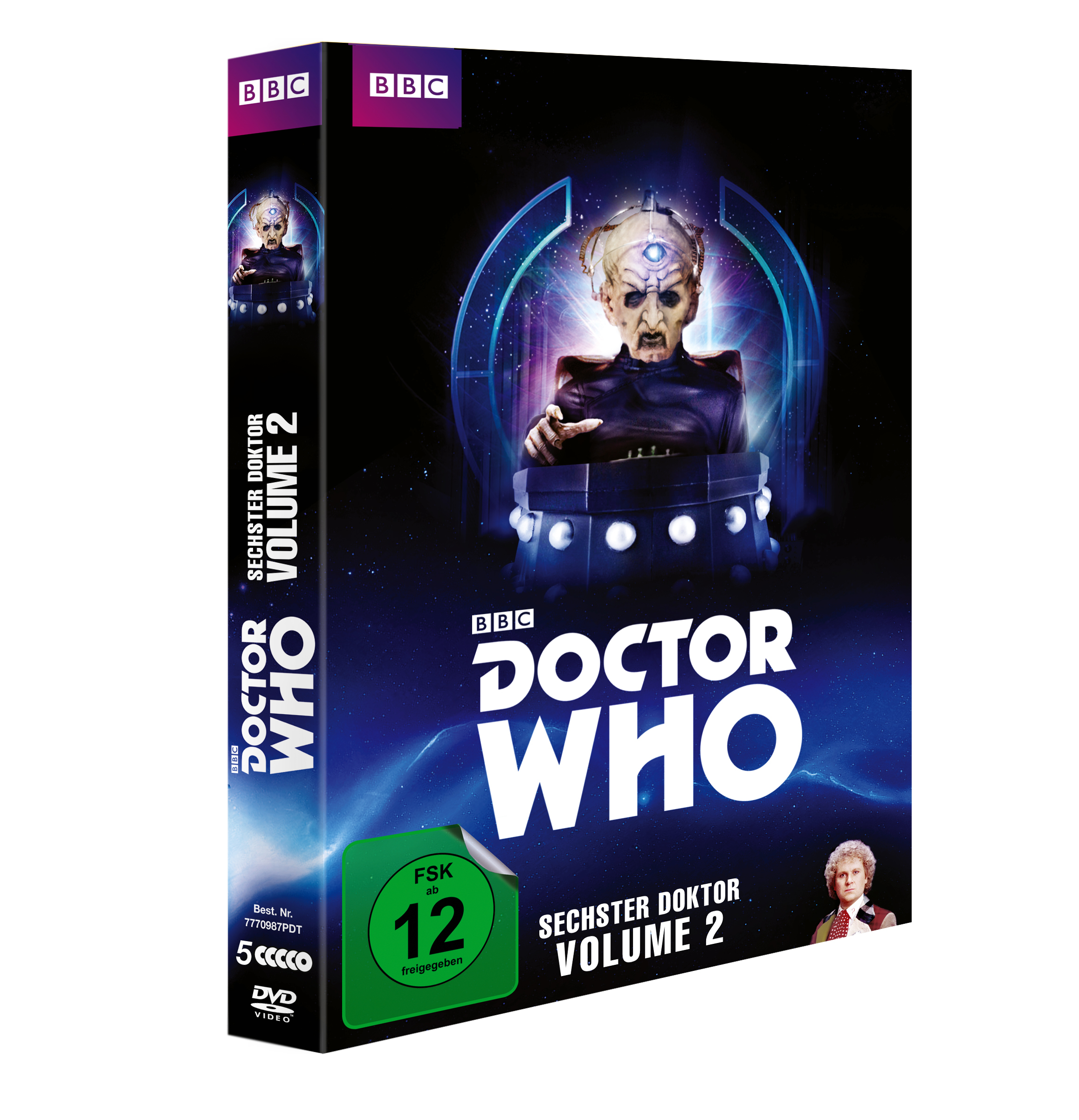 DVD-Box von Dr. Who, Sechster Doktor, Volume 2. Bild eines Mannes in einem Stuhl. BBC-Logo sichtbar.