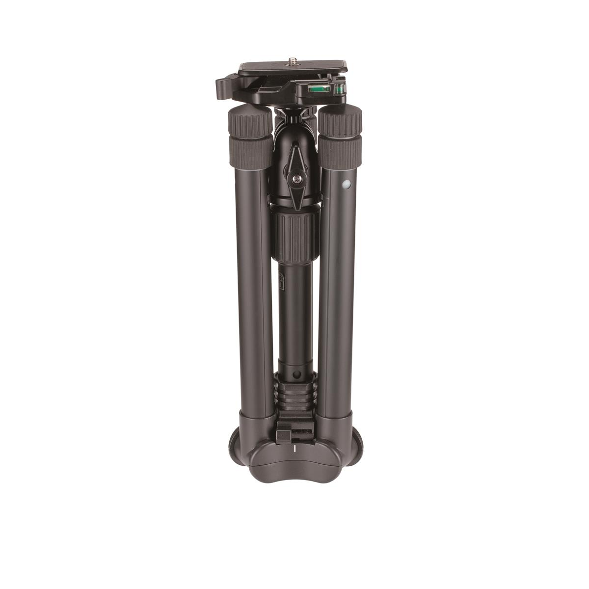 A black tripod with its legs folded. It has a head with a level bubble. The background is white.