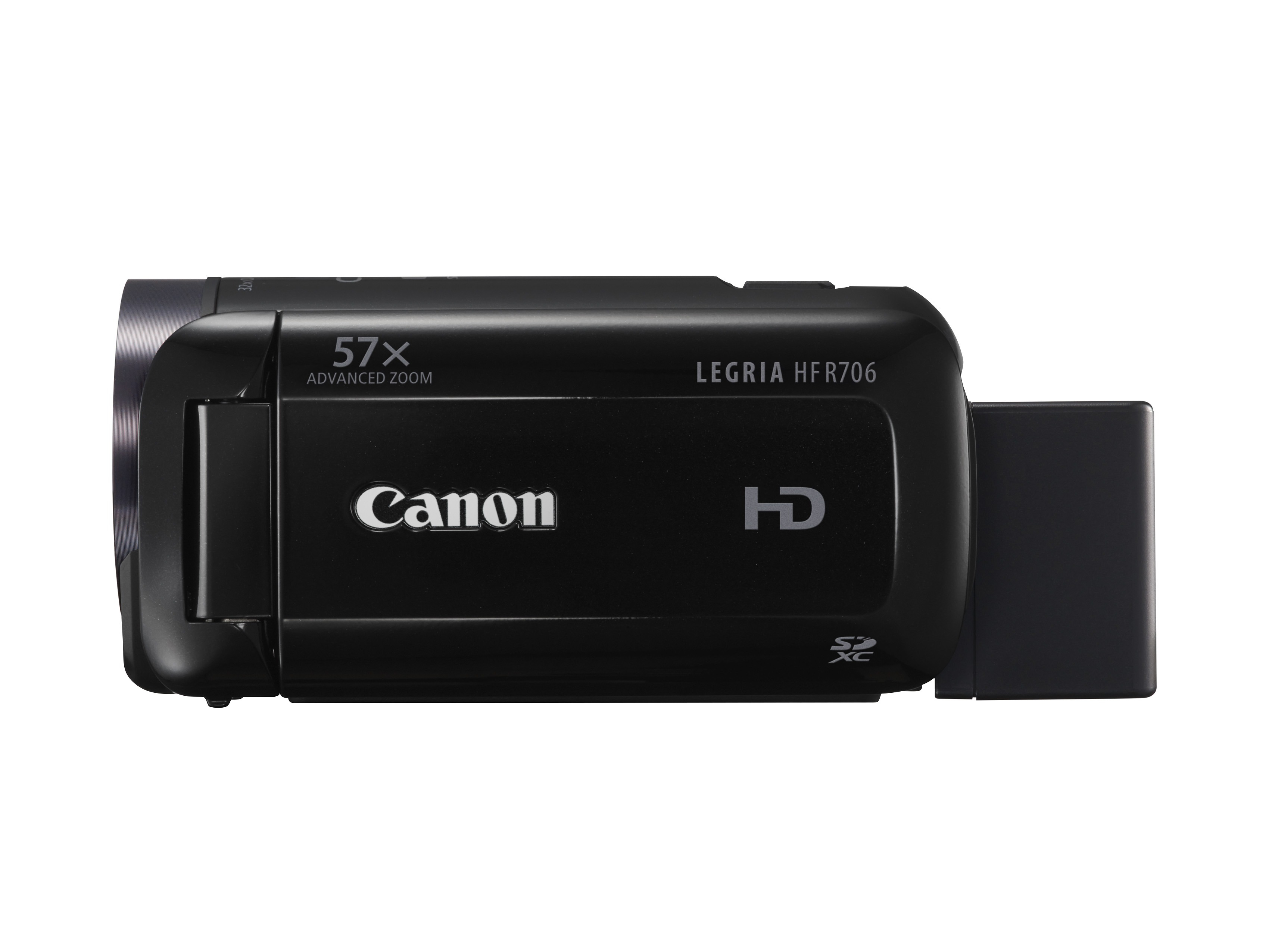 Schwarze Canon Legria HFR706 Camcorder, Seitenansicht, mit '57X Advanced Zoom' und 'HD'.