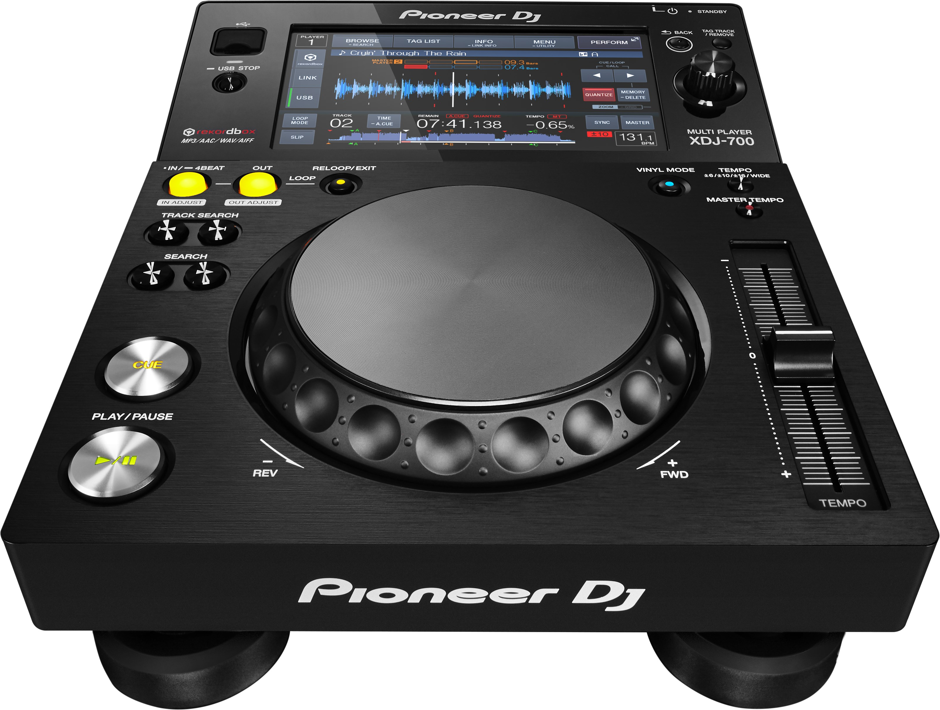 Zwarte Pioneer DJ XDJ-700 multi-player, met knoppen, scherm en jogwheel.
