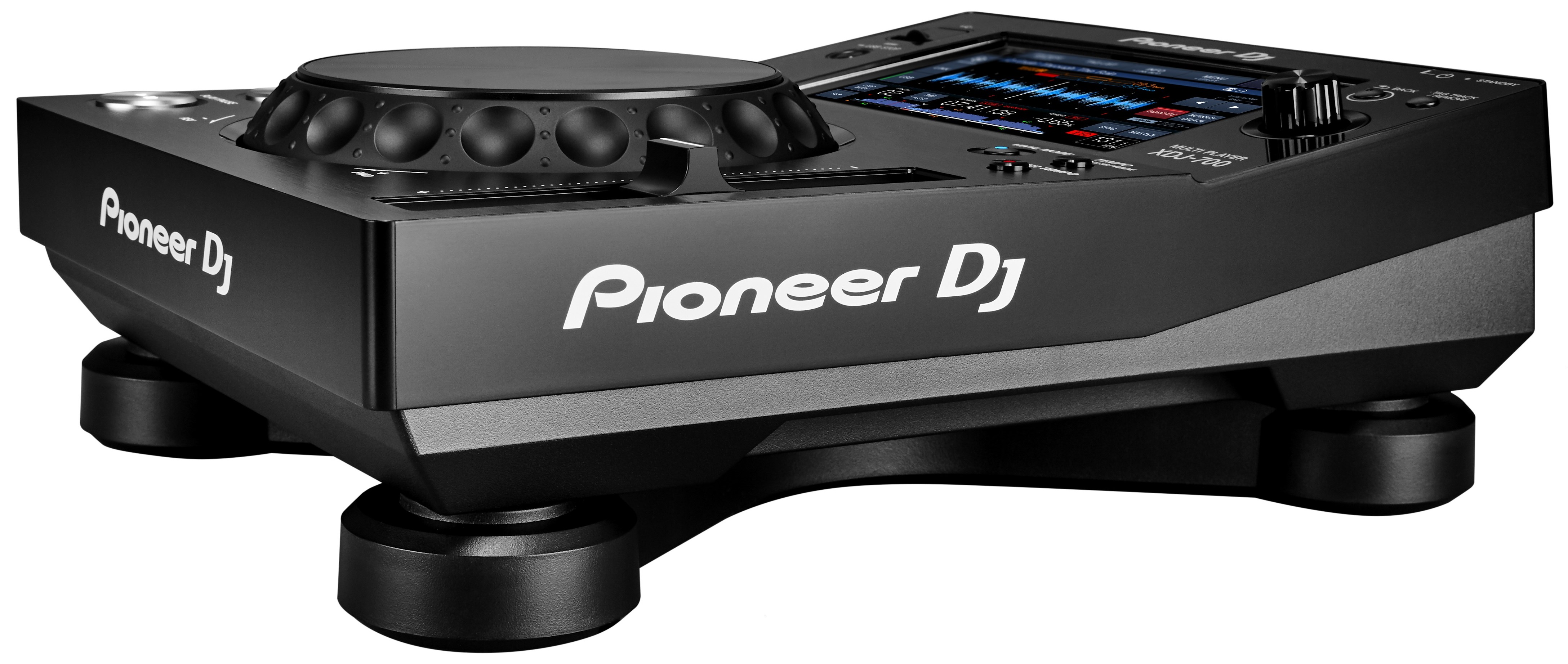 Zwarte DJ-mixer met een scherm, knoppen en het Pioneer DJ-logo.