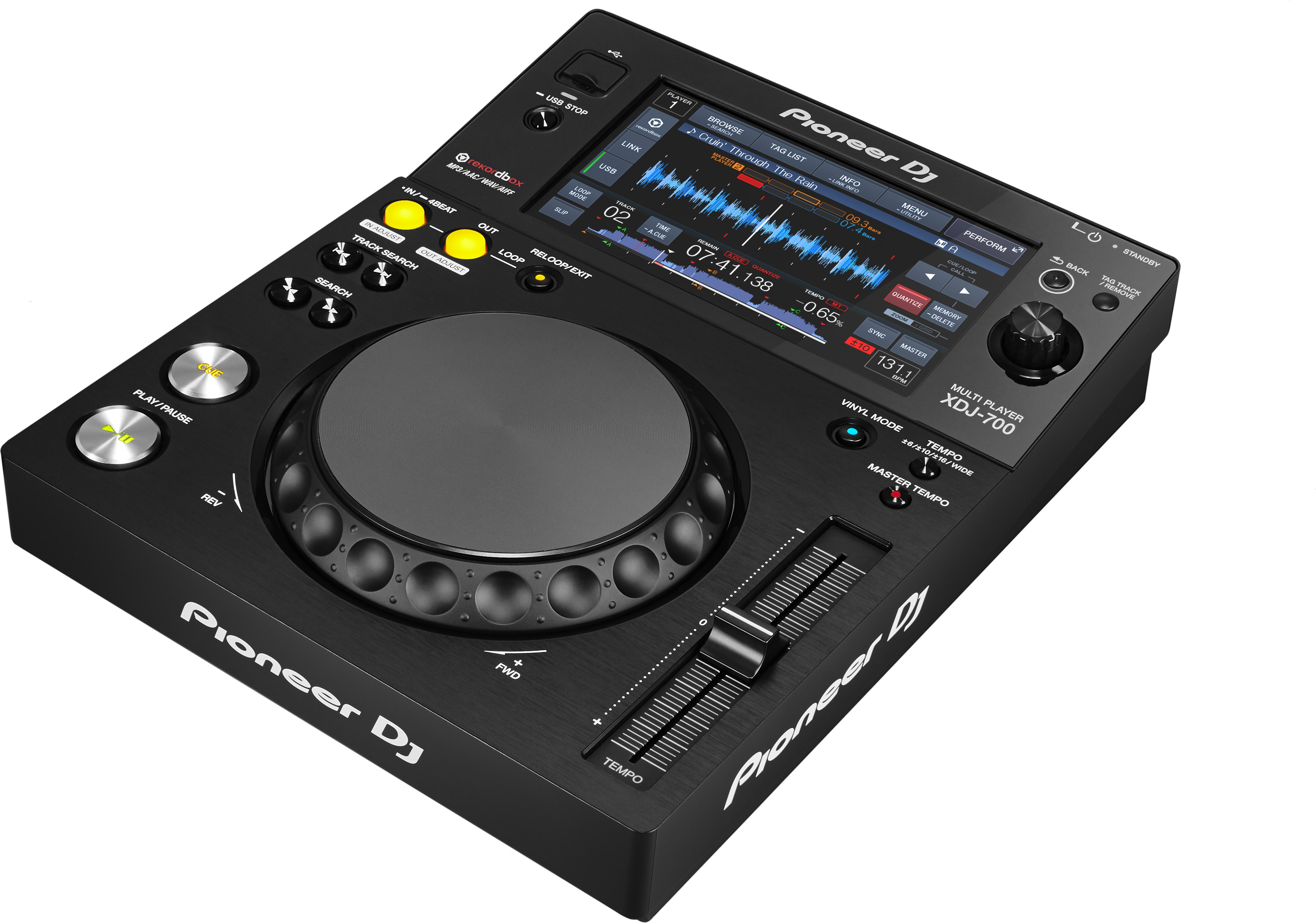 Zwarte Pioneer DJ XDJ-700 multi-player mixer met een scherm en diverse bedieningsknoppen.