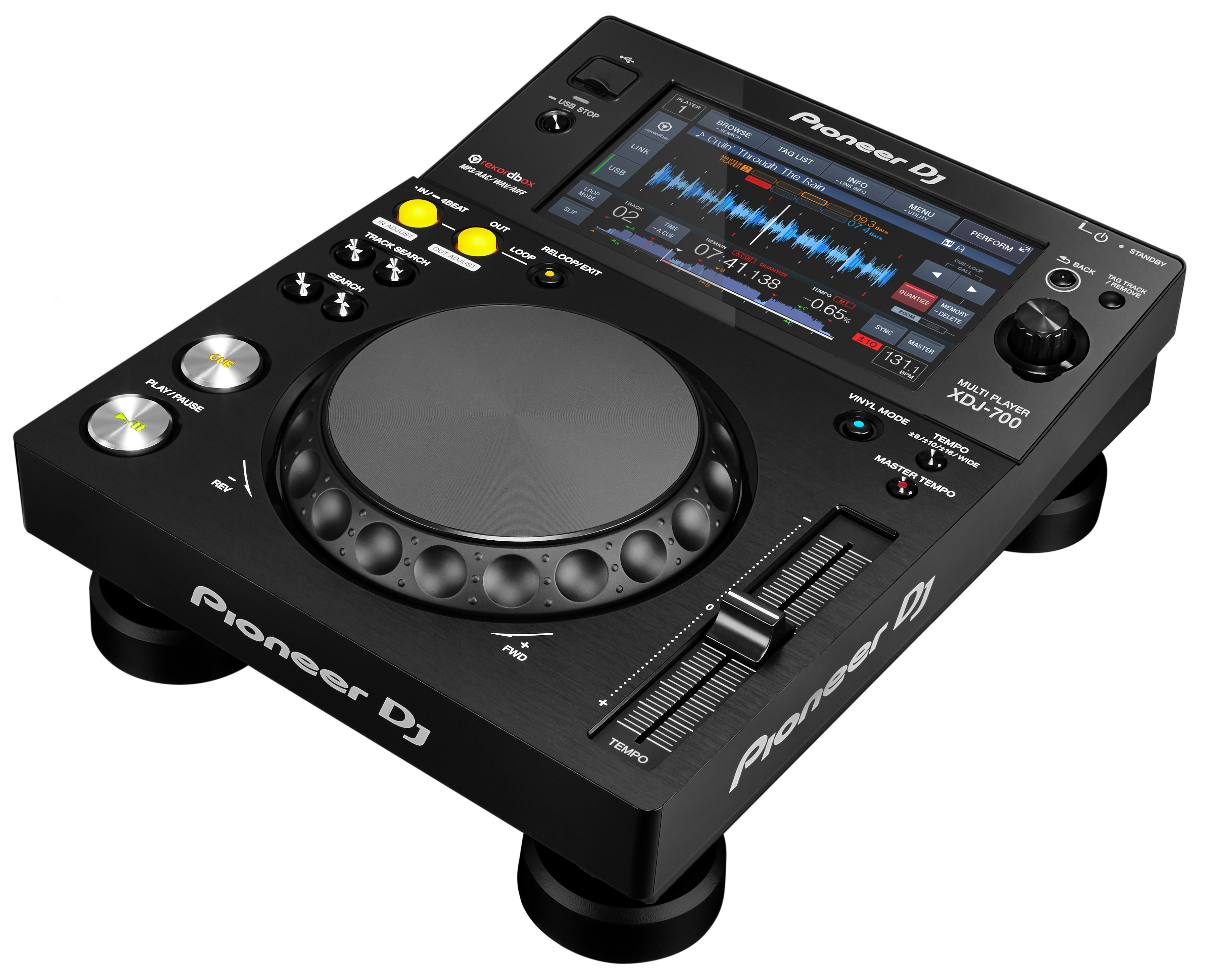 Zwarte Pioneer DJ-controller. Het heeft een centrale jogwheel en diverse knoppen en knoppen.