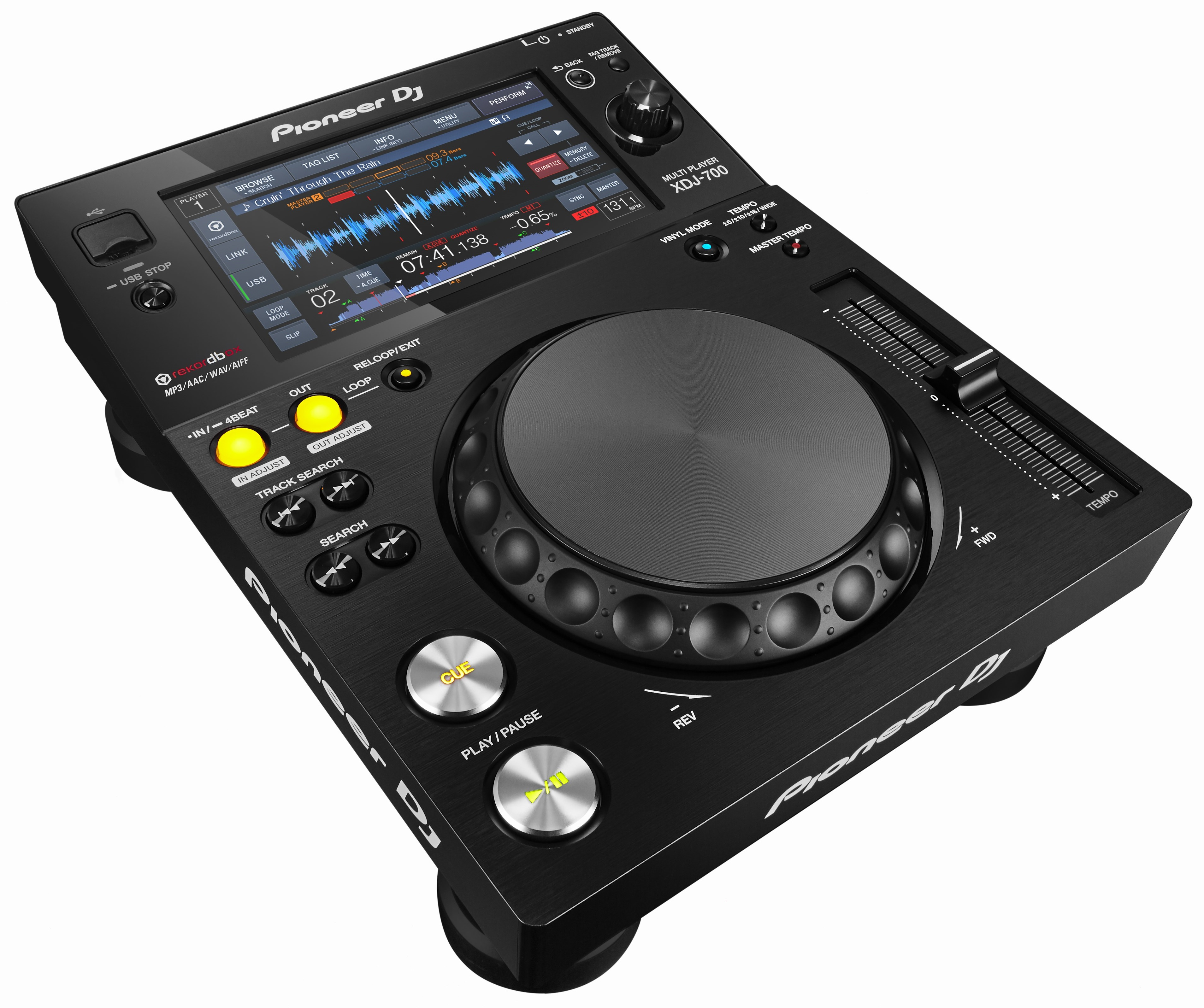 Zwarte Pioneer DJ XDJ-700 multi-player, met touchscreen, knoppen en een grote jogwheel.