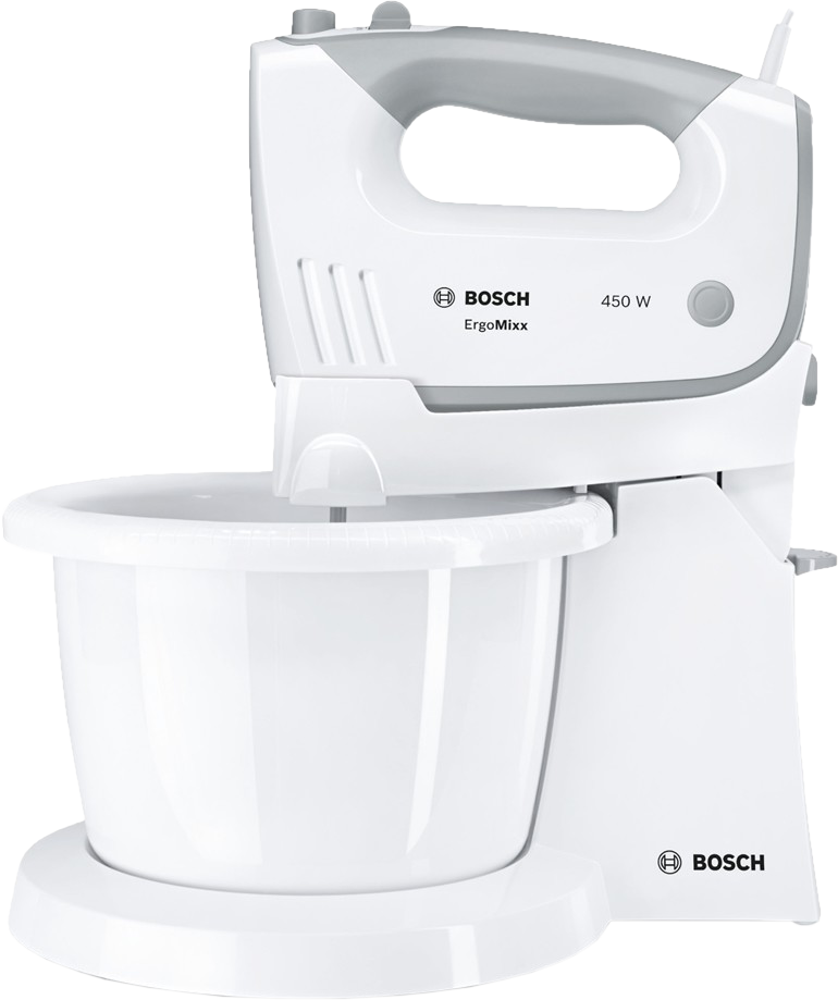 Bosch fehér kézi mixer. Fehér tál és állvány. A Bosch és az ErgoMixx látható.