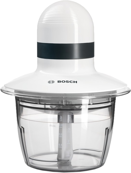 Fehér és átlátszó konyhai robotgép fekete sávval, fehér felsővel és Bosch logóval.