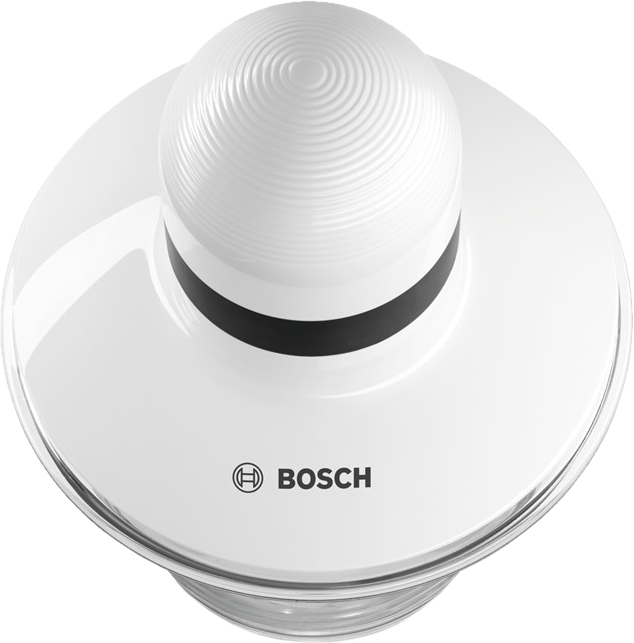 Fehér Bosch konyhai robotgép tartozék. Felülnézet, fehér és fekete részletek.