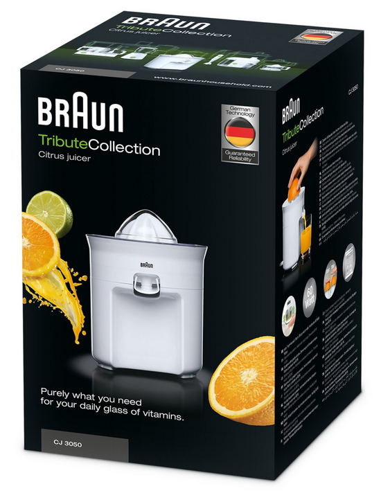 Braun Citrus juicer box. It shows a juicer with an orange and a lime, and a person juicing an orange.