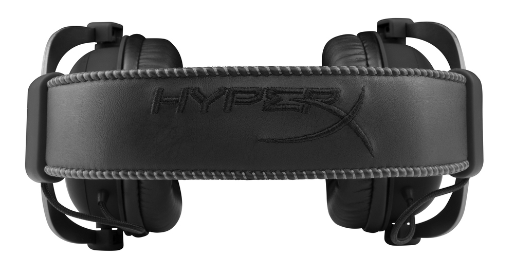 Schwarzes HyperX Gaming-Headset, Draufsicht, auf weißem Hintergrund.