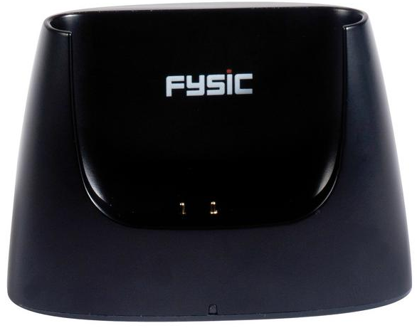Station de charge Fysic noire. Le nom de la marque est en blanc. Deux points de contact dorés sont visibles. Design incurvé.