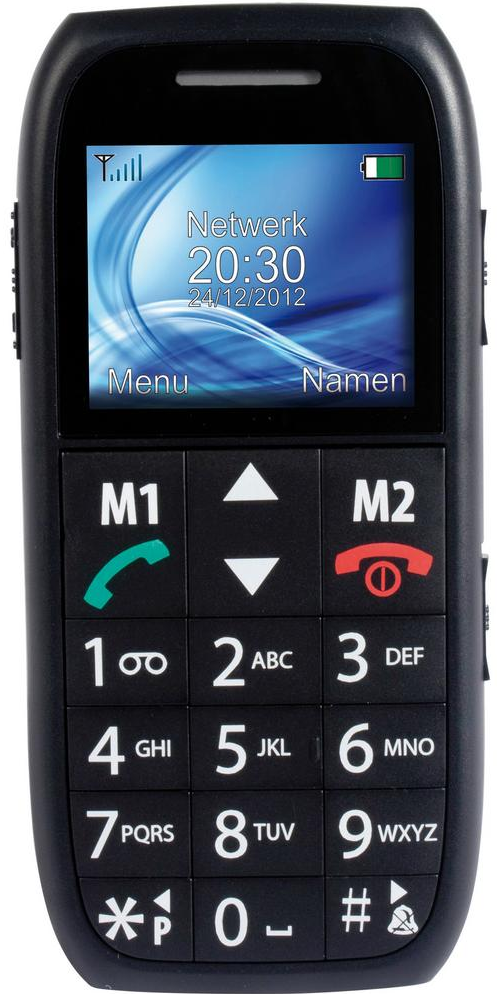 Un téléphone portable noir avec de gros boutons et un écran affichant l'heure, la date et l'état du réseau.