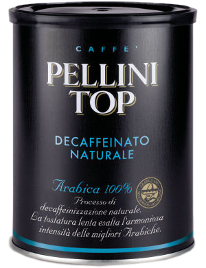 Pellini kávés doboz. Kék és fekete doboz fehér szöveggel. Koffeinmentes kávé.