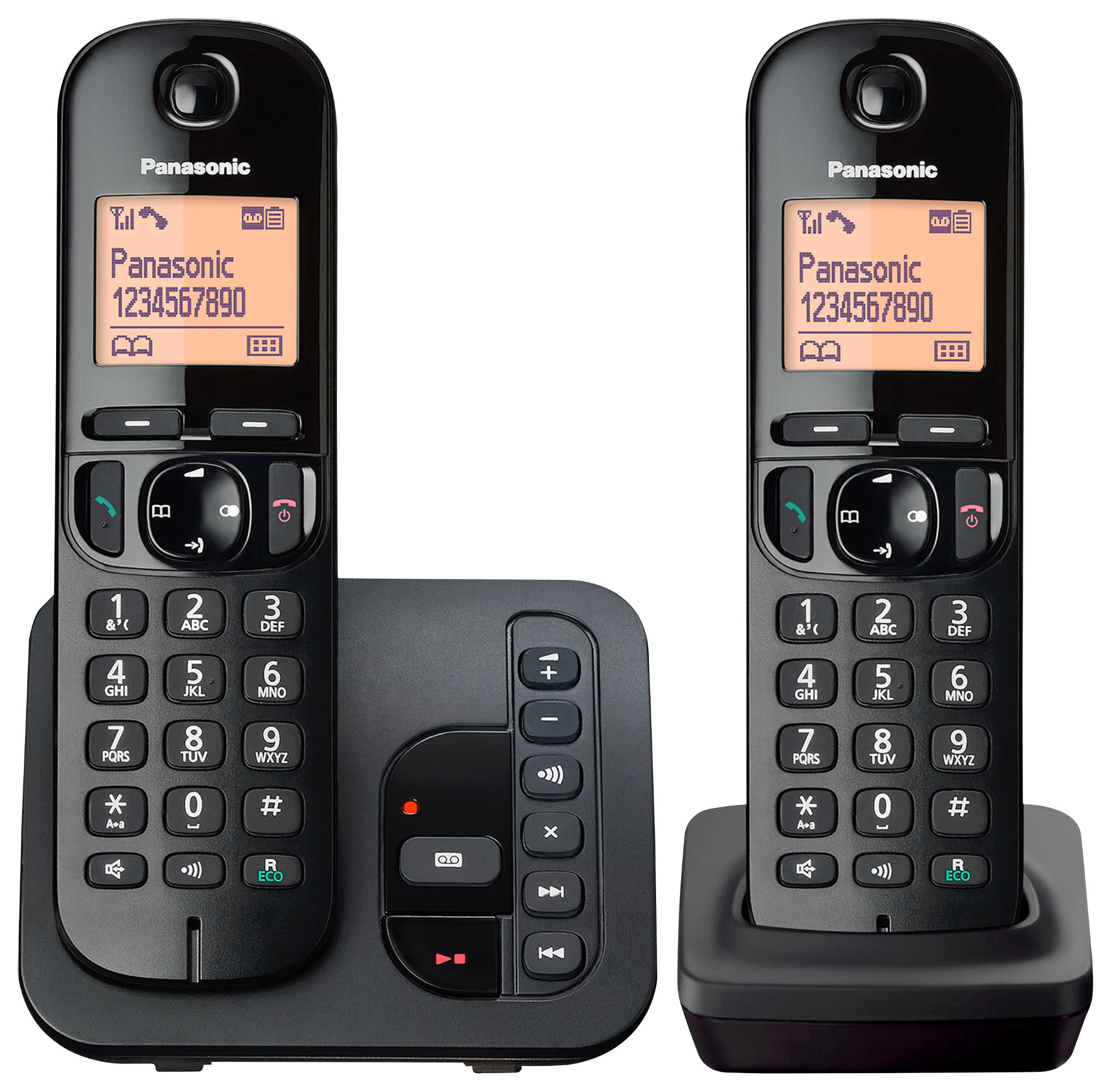 Set telefono cordless Panasonic nero con stazione base e due portatili.