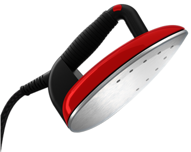 A red and black iron with a handle and a silver base.