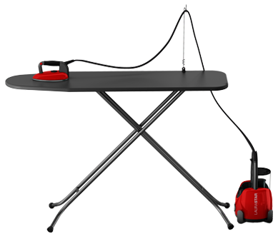 Ironing board with iron and a steam generator. Iron is red, the board is black. Black cable is attached.