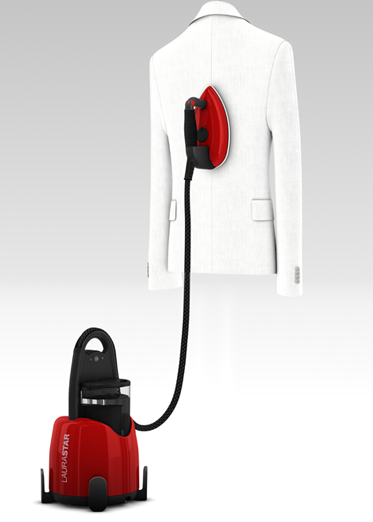 An iron steaming a white jacket. The iron is red and the base is red and black.