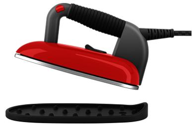 A red and black iron on a white background, with a black stand.
