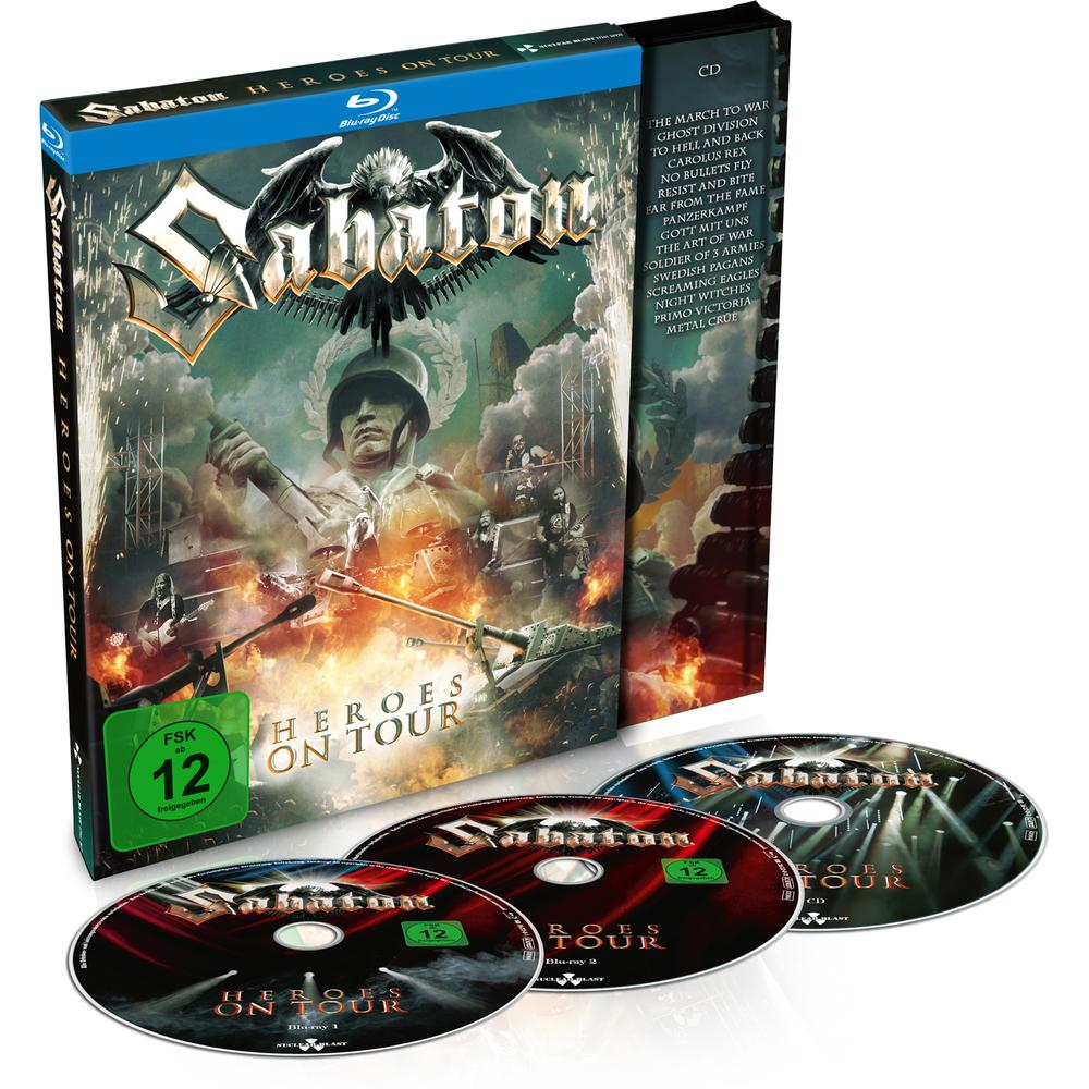Sabaton: Heroes on Tour CD-Box-Set. Drei CDs, Bild eines Soldaten und Panzer, schwarzer Hintergrund.