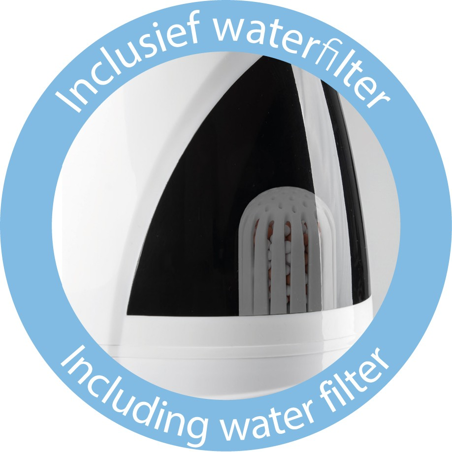 Close-up van een wit en zwart waterfilter. Tekst: Inclusief waterfilter, Inclusief waterfilter.