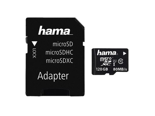 HAMA 124160 UHS-I CL10 +AD - Micro-SDHC-Speicherkarte  (128 GB, 80, Schwarz)